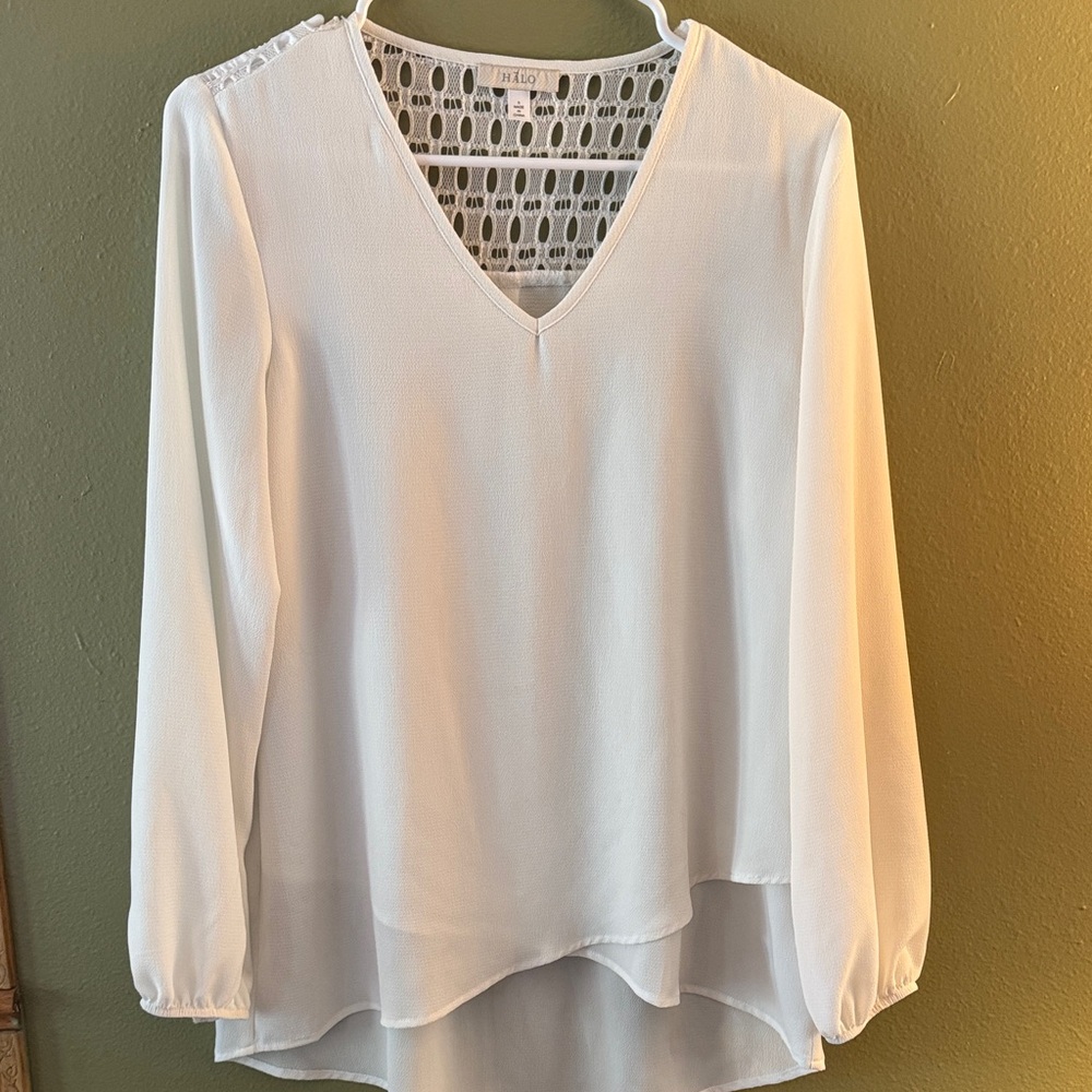 Halo White Womens V-Neck Blouse with Lace Detail
